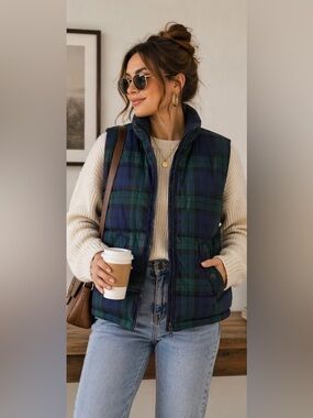 Eddie Bauer Plaid Puffer Vest Green Blue Quilted Zip Up Women’s L